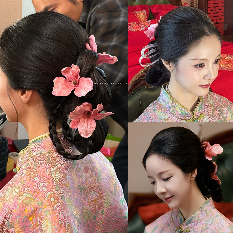 新中式仿生花朵发夹头饰套装新娘古风饰品粉色花朵旗袍敬酒服发饰