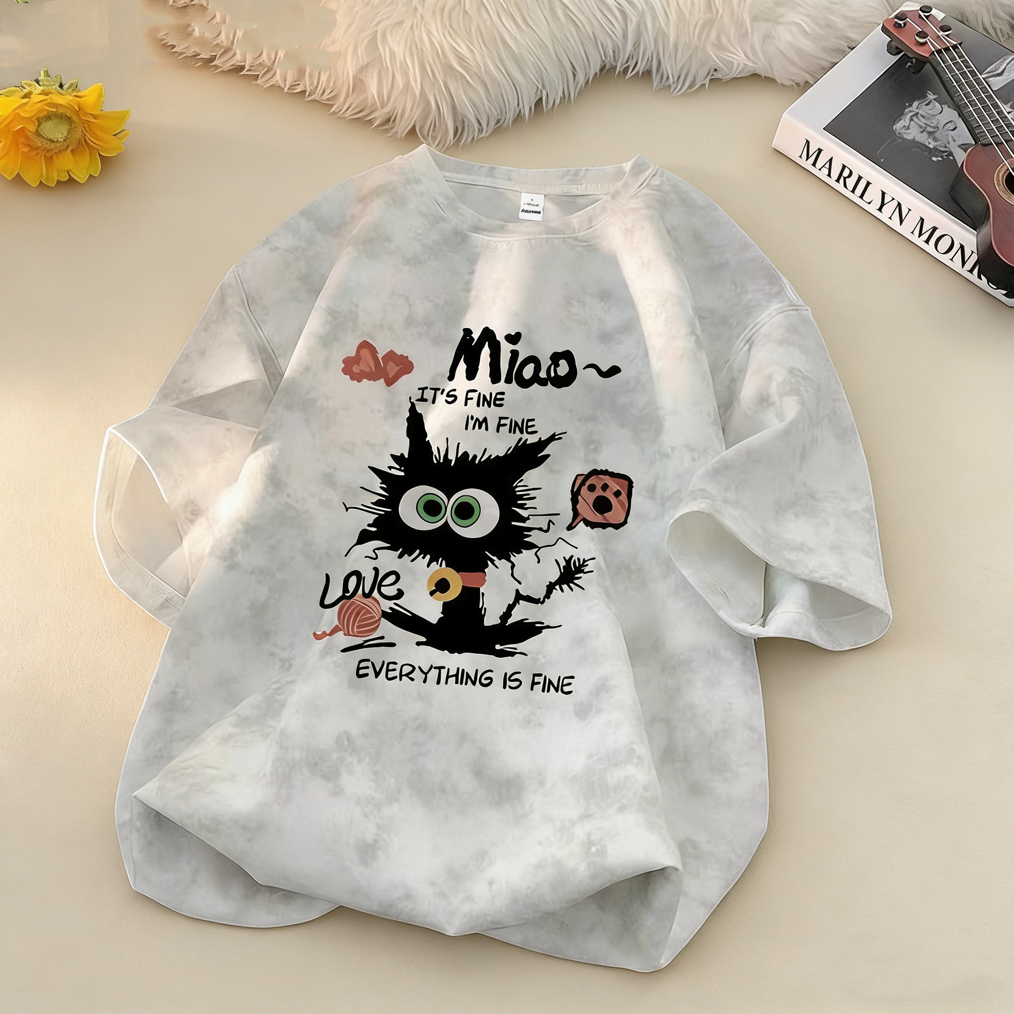 圆领百搭重磅扎染麂皮绒短袖t恤男女夏季ins港风日系情侣宽松上衣