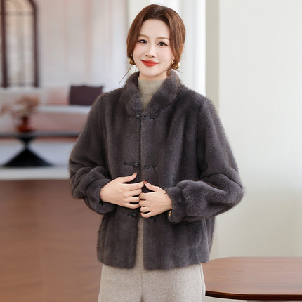 妈妈秋冬季仿貂绒高贵外套短款中老年女装2025新款国风仿皮草上衣