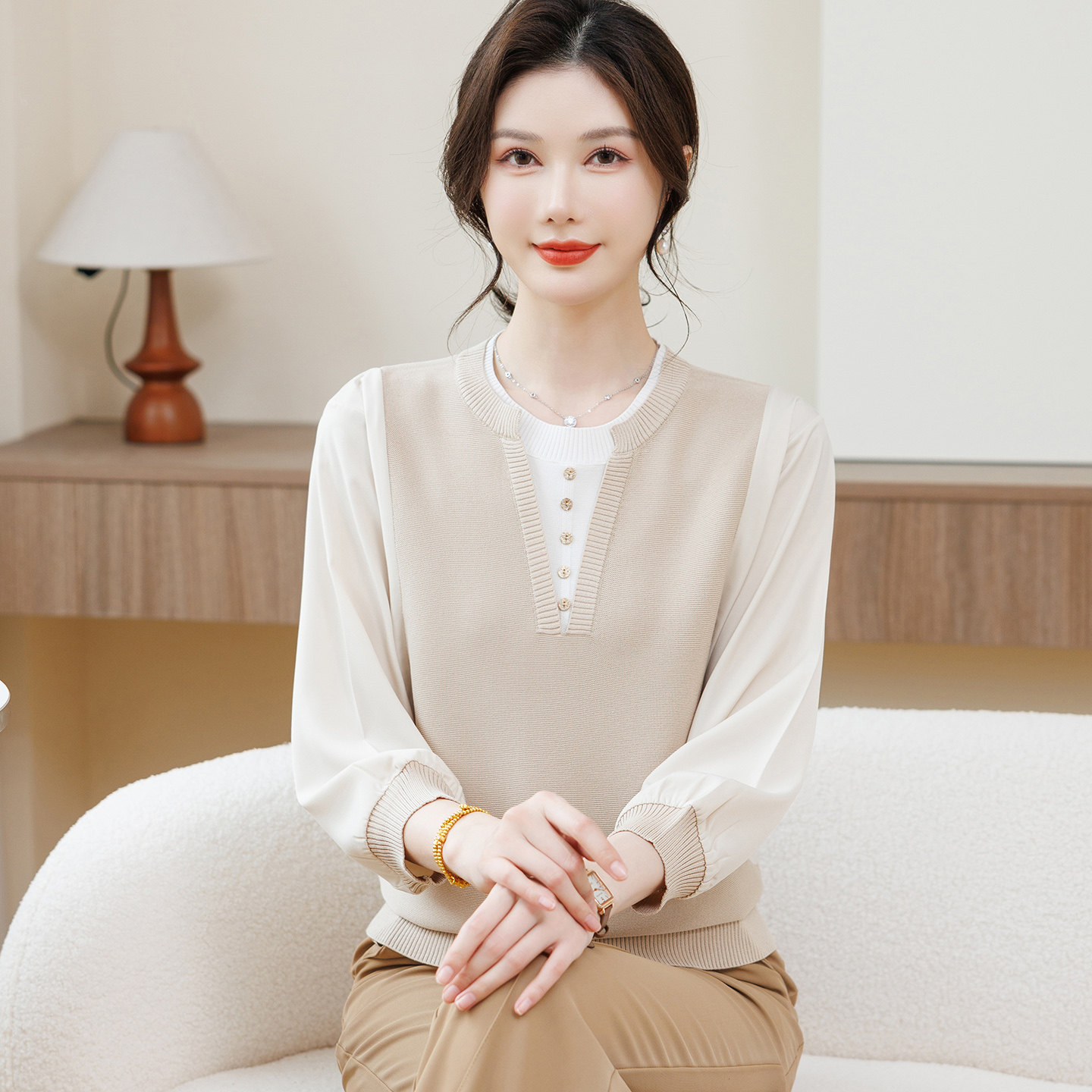 中老年洋气时尚年轻显瘦长袖V翎纯色女装针织宽松春季妈妈装上衣,女装/女士精品,中老年女装,淘宝优惠券,粉丝福利购,淘宝优惠卷