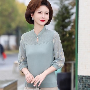 春秋针织减龄上衣 妈妈夏装 薄款 洋气打底小衫 中老年女冰丝体恤套装