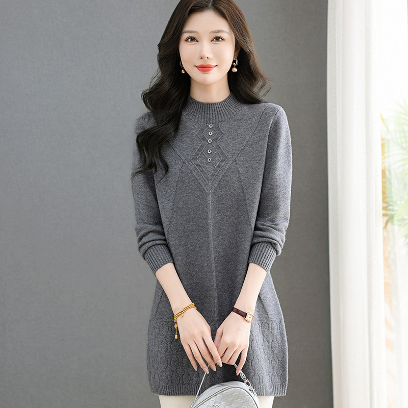 女中长款半高领宽松时尚上衣针织衫服饰秋上新打底衫毛衣连衣裙