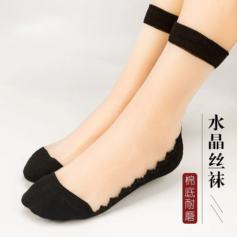 纯棉底水晶冰丝袜子女薄款春秋肉色肤色耐磨中筒透明防勾丝卡丝袜