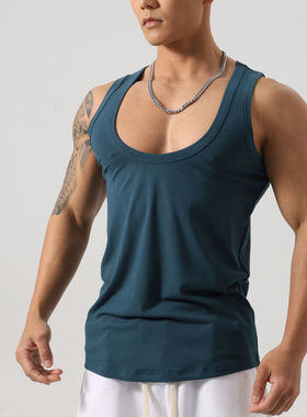 重磅低领纯棉背心男士夏季健身运动坎肩无袖t恤宽松打底汗衫潮牌