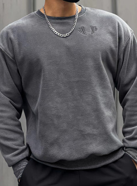 摇粒绒长袖运动卫衣男秋冬季加绒加厚圆领宽松训练健身套头衫大码