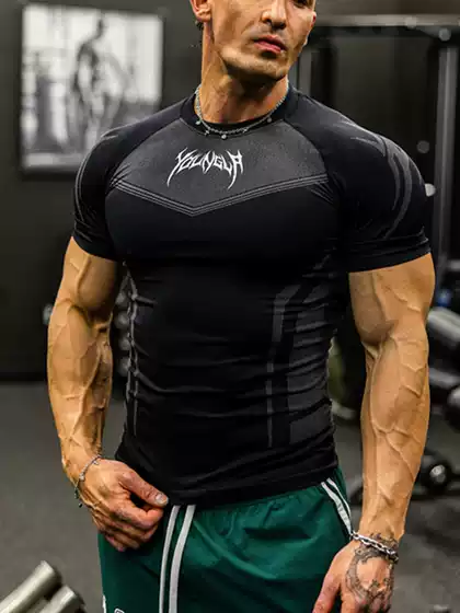 Youngla Sports Short-Sleeved Men's T-Shirt American Fashion Brand Fitness Tights Quick-Drying Elastic Breathable Summer High Elasticity