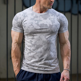 潮 运动健身衣男短袖 圆领T恤速干弹力跑步迷彩肌肉撸铁狗兄弟美式