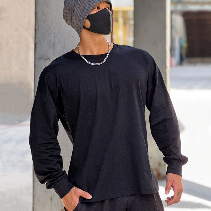 thumbnail for Sports long-sleeved men's T-shirt fitness clothes loose cotton thin section American fitness muscle iron dog round neck bottom tide