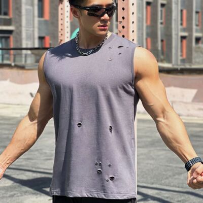 破洞嘻哈风潮牌无袖坎肩男背心宽肩运动健身训练肌肉撸铁狗兄弟