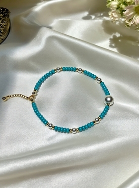 极细叠戴优化仿绿松石米珠手串14k金 小众显白珍珠手链礼物