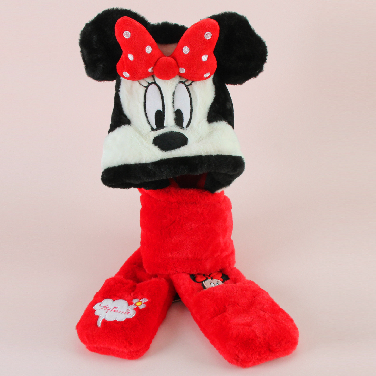 红米妮米奇蝴蝶结冬季女生孩毛绒加厚保暖儿童围巾帽子手套三件套