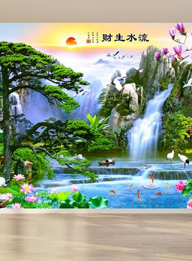 山水画自粘贴画3d立体风景画客厅装饰画墙纸直播间背景墙靠山壁画