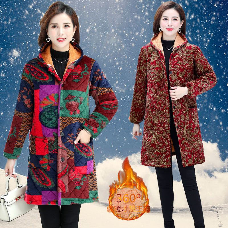 四川省服新款冬季加绒加厚女棉衣中长款妈妈装外套棉服女宽松罩衣