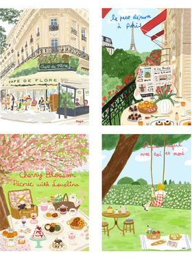 ins风法式清新街道风景美食萌宠插画装饰画替换画芯高清艺术海报