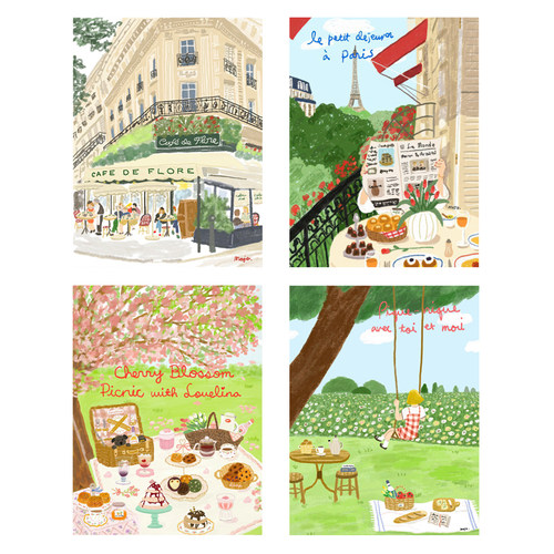 ins风法式清新街道风景美食萌宠插画装饰画替换画芯高清艺术海报