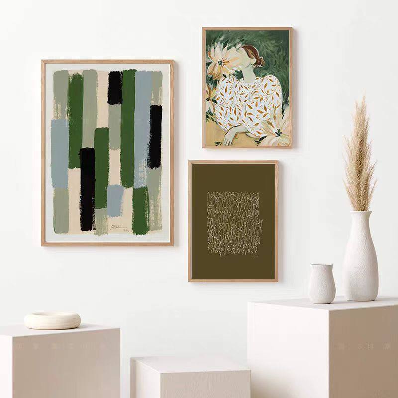中古风抽象艺术客厅装饰画海报法式奶油风复古绿墙面挂画替换画芯图片