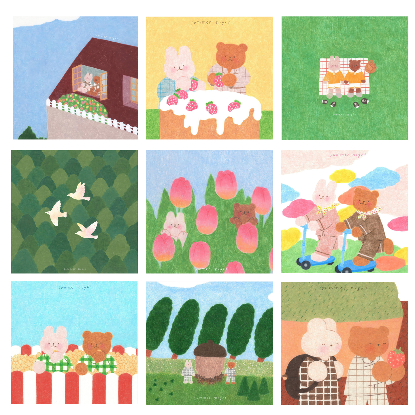 奶油风小熊和小兔高清卡通海报法式卧室装饰画画芯可爱挂画不含框