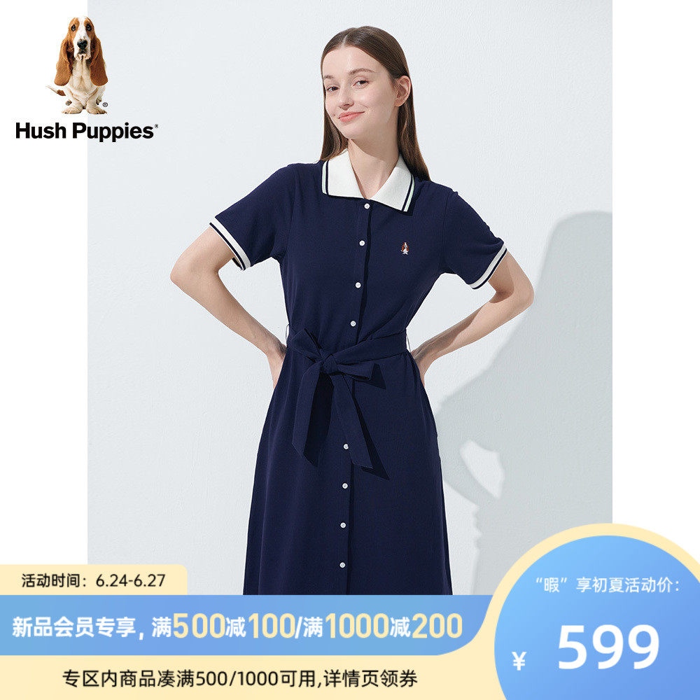 Hush Puppies暇步士女装2023夏复古休闲运动系带修身Polo连衣裙
