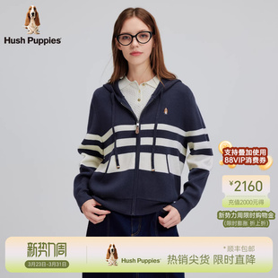 休闲条纹毛衣撞色保暖连帽开衫 春季 暇步士女装 线衣女 软糯羊毛