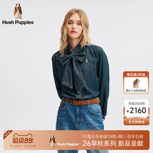 飘带领结复古长袖牛仔衬衫女