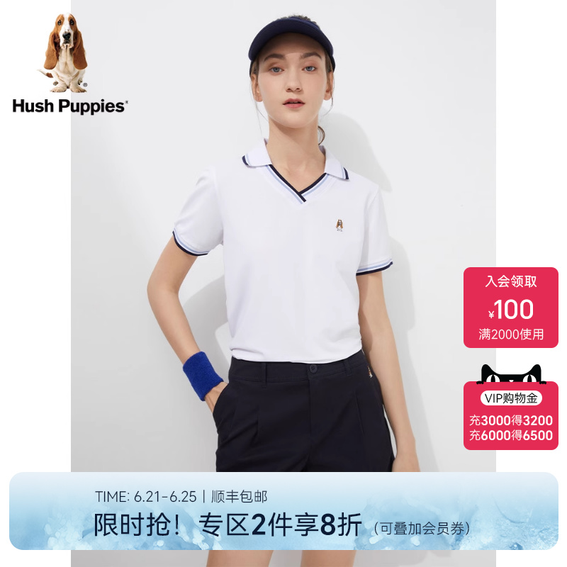 Hush Puppies暇步士女装V领短袖POLO衫夏季运动休闲薄款透气上衣