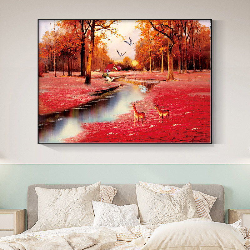 油画风景十字绣2025新款线绣客厅小幅欧式小件自己绣手工满绣枫叶