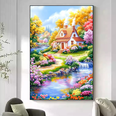 溪畔花屋十字绣竖版玄关风景小件