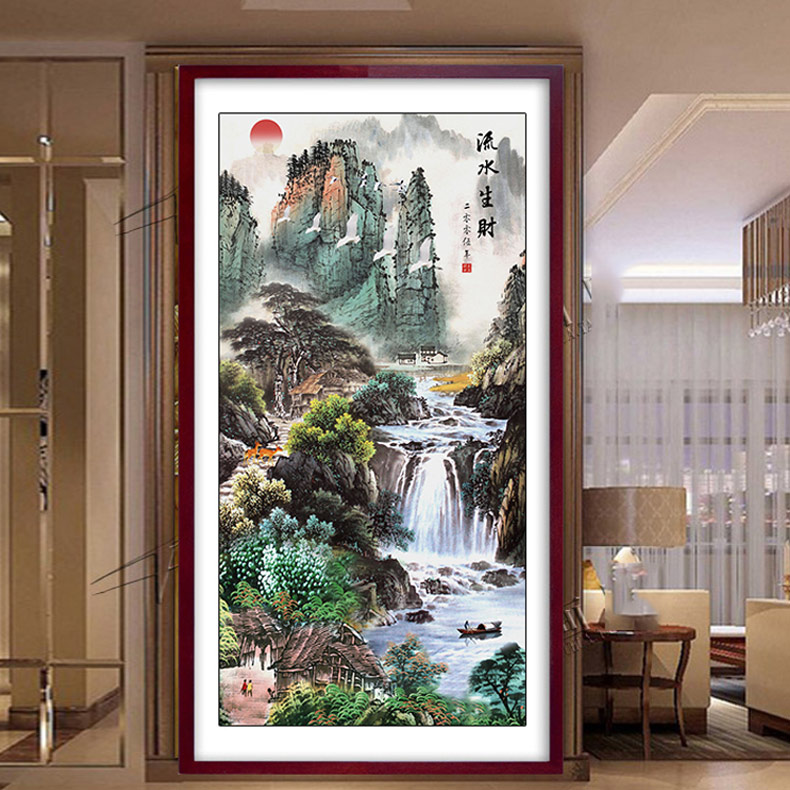 蒙娜丽莎十字绣竖版玄关山水画