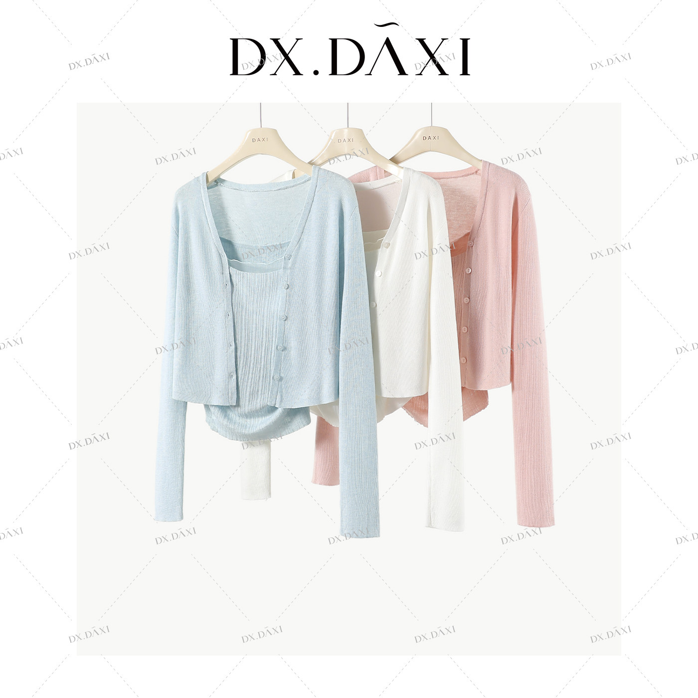 DX.DAXI【浪漫存档】针织开衫+蕾丝花边吊带背心（带胸垫）两件套