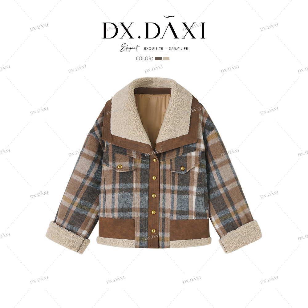 设计感羊羔毛拼接格子羽绒服女2024冬季小个子加厚羽绒短款外套女