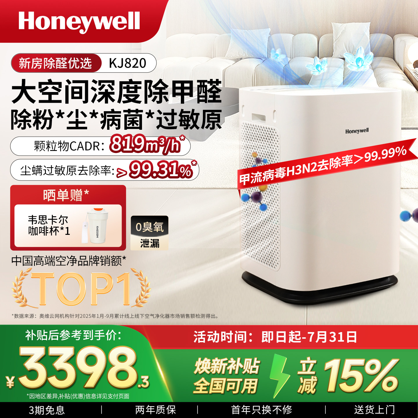 霍尼韦尔空气净化器家用除甲醛去吸新房室内净化机KJ820F-P21D