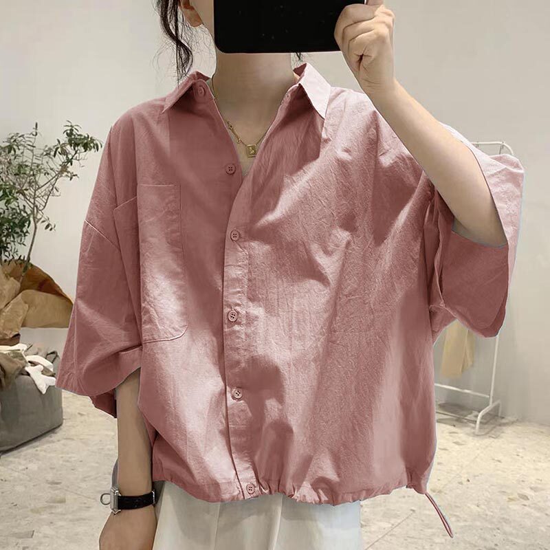 纯棉中袖蝙蝠衫衬衫女夏季新款宽松大码遮肚子衬衣休闲百搭上衣女