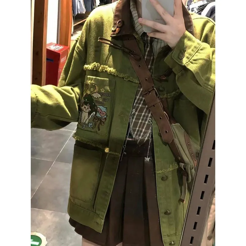 牛仔外套女春秋新款港风复古韩版高街复古刺绣翻领百搭夹克潮