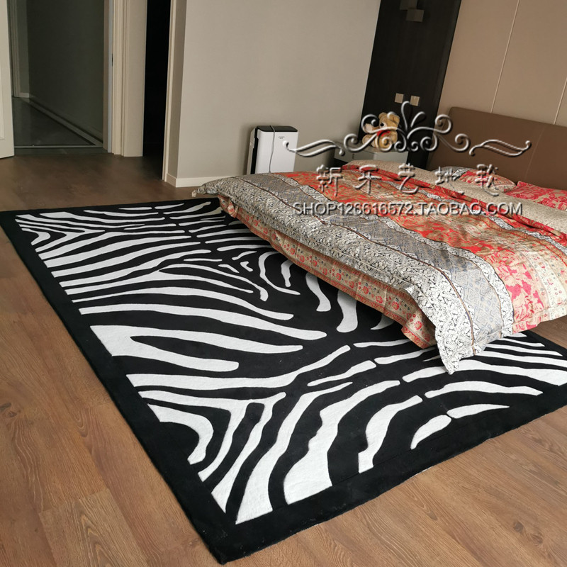 欧式黑白老虎纹现代地毯客厅茶几垫卧室床边手工腈纶地毯满铺定制