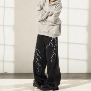 小众设计感刺绣闪电宽松牛仔裤男女街头直筒拖地长裤G5821-P58图片