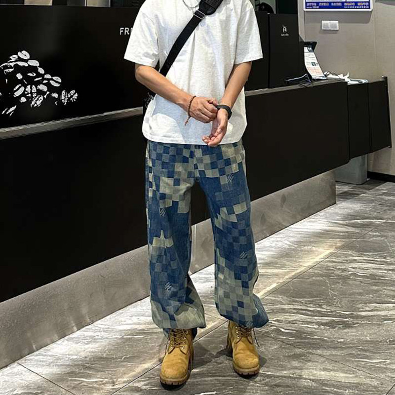 2024美式拼接棋盘格牛仔裤男女痞帅宽松直筒阔腿裤G2810-P58,男装牛仔裤,星座814-1（原电商B253-1）