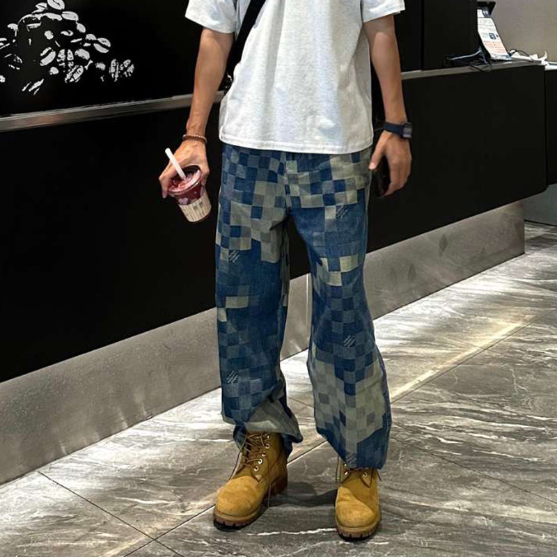 2024美式拼接棋盘格牛仔裤男女痞帅宽松直筒阔腿裤G2810-P58,男装牛仔裤,星座814-1（原电商B253-1）