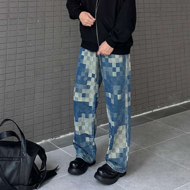 2024美式拼接棋盘格牛仔裤男女痞帅宽松直筒阔腿裤G2810-P58，男装牛仔裤，星座814-1（原电商B253-1）