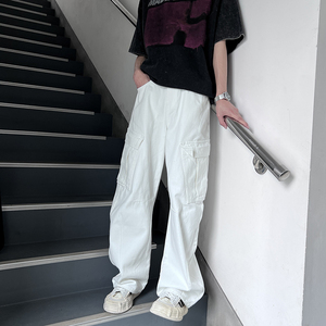 白色弯刀牛仔裤男春秋季cleanfit高街休闲百搭口袋宽松直筒工装裤图片