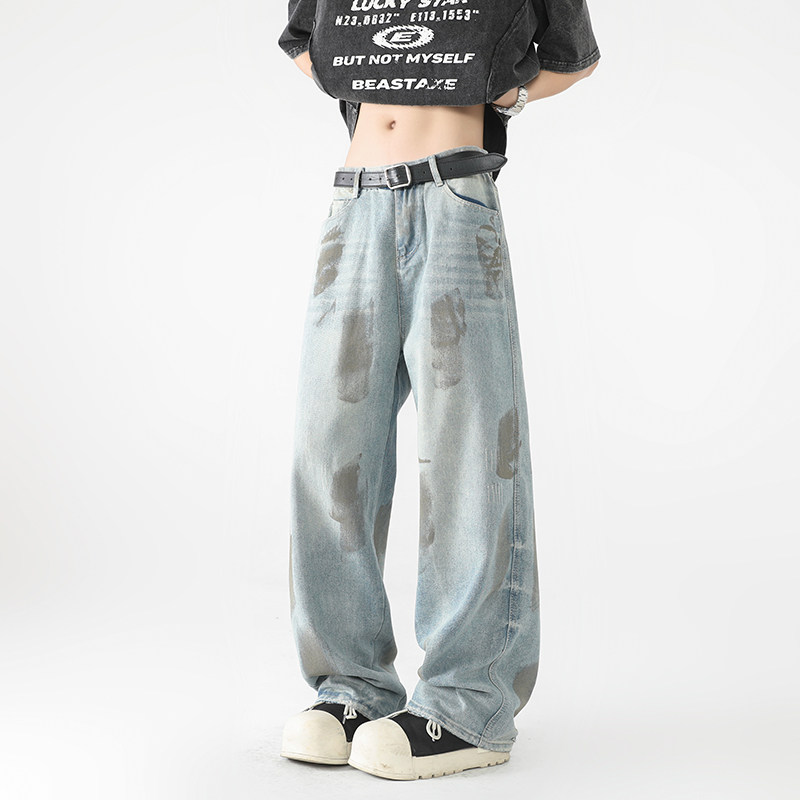 夏季美式高街油漆做旧牛仔裤男女水洗vibe直筒宽松阔腿G6098-P58,男装牛仔裤,星座814-1（原电商B253-1）