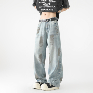 夏季美式高街油漆做旧牛仔裤男女水洗vibe直筒宽松阔腿G6098-P58图片