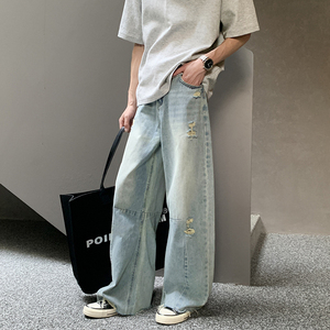 2025夏季美式高街vibe风破洞牛仔裤男直筒宽松长裤G99571-P65图片