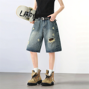 高街复古破洞牛仔短裤男25夏季街头刺绣宽松痞帅五分裤G9001-P55图片