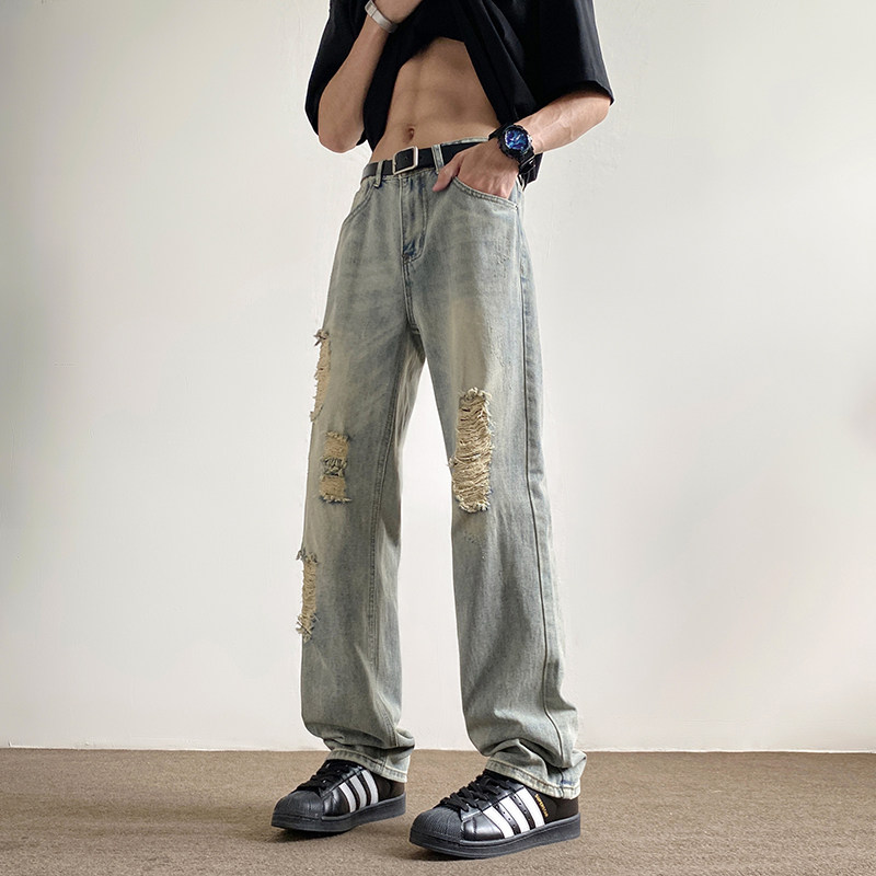 美式vibe高街潮牌牛仔裤男25春夏复古水洗做旧破洞长裤G8828-P58,男装牛仔裤,星座814-1（原电商B253-1）