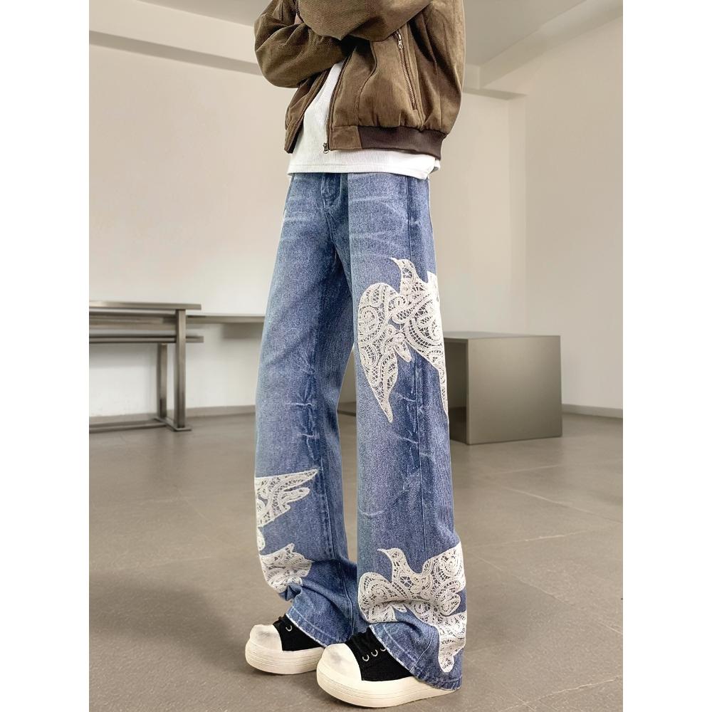 美式街头重工格子绣花蕾丝拼接牛仔裤男女宽松直筒裤G5614-P75,男装牛仔裤,星座814-1（原电商B253-1）