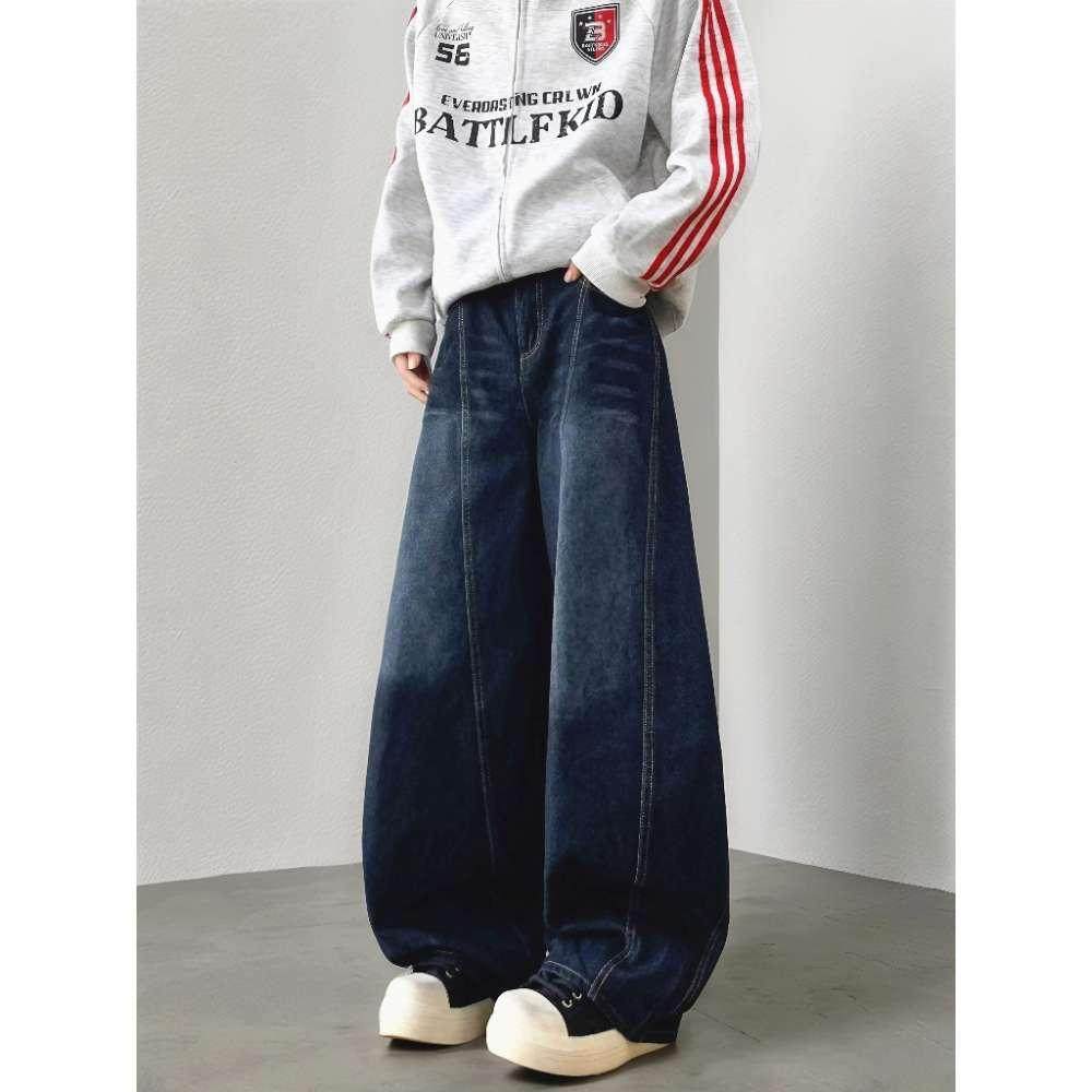 美式高街弯刀设计感水洗深蓝色牛仔裤男拖地直筒阔腿裤G5615-P58，男装牛仔裤，星座814-1（原电商B253-1）