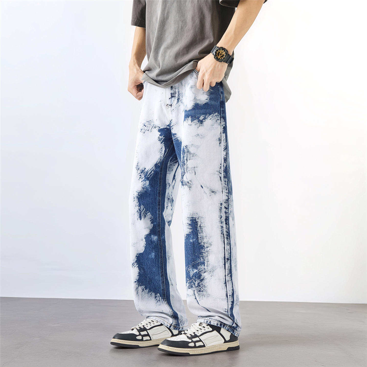 高街潮牌美式街头重工水洗牛仔裤男2025夏宽松直筒长裤G9096-P65，男装牛仔裤，星座814-1（原电商B253-1）