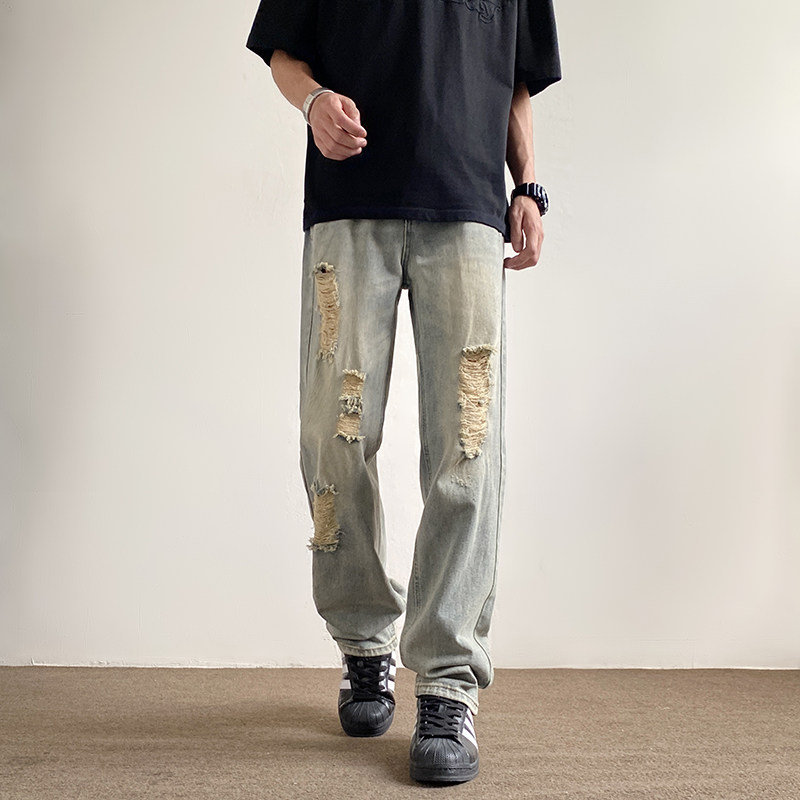 美式vibe高街潮牌牛仔裤男25春夏复古水洗做旧破洞长裤G8828-P58,男装牛仔裤,星座814-1（原电商B253-1）