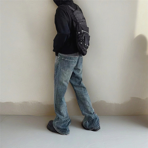 美式高街cleanfit水洗竹节纹理牛仔裤男女直筒微喇裤G5056-P70特图片
