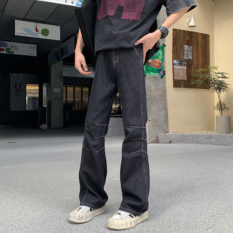 2025高街水洗拼接设计牛仔裤男女同款宽松微喇长裤G98930-P65,男装牛仔裤,星座814-1（原电商B253-1）